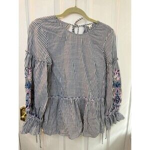 Caslon Striped Peplum Top Women’s Small Blue White Embroidered Boho Tassel